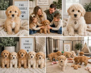 A cute Mini Goldendoodle puppy raised in a loving home environment at The Doodle Nook.